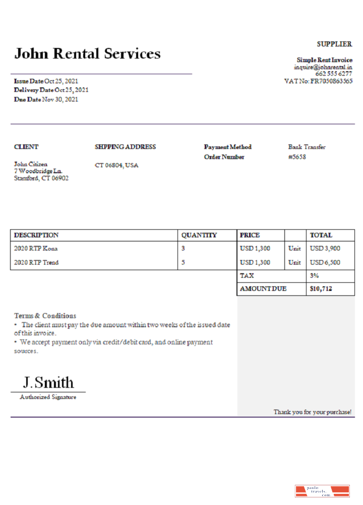 USA John Rental Services invoice PSD template